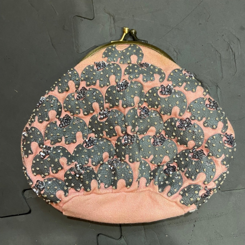 anthropologie Ipa-Nima beaded Coin Purse Pouch Pink Sequin Elephant Kiss Lock